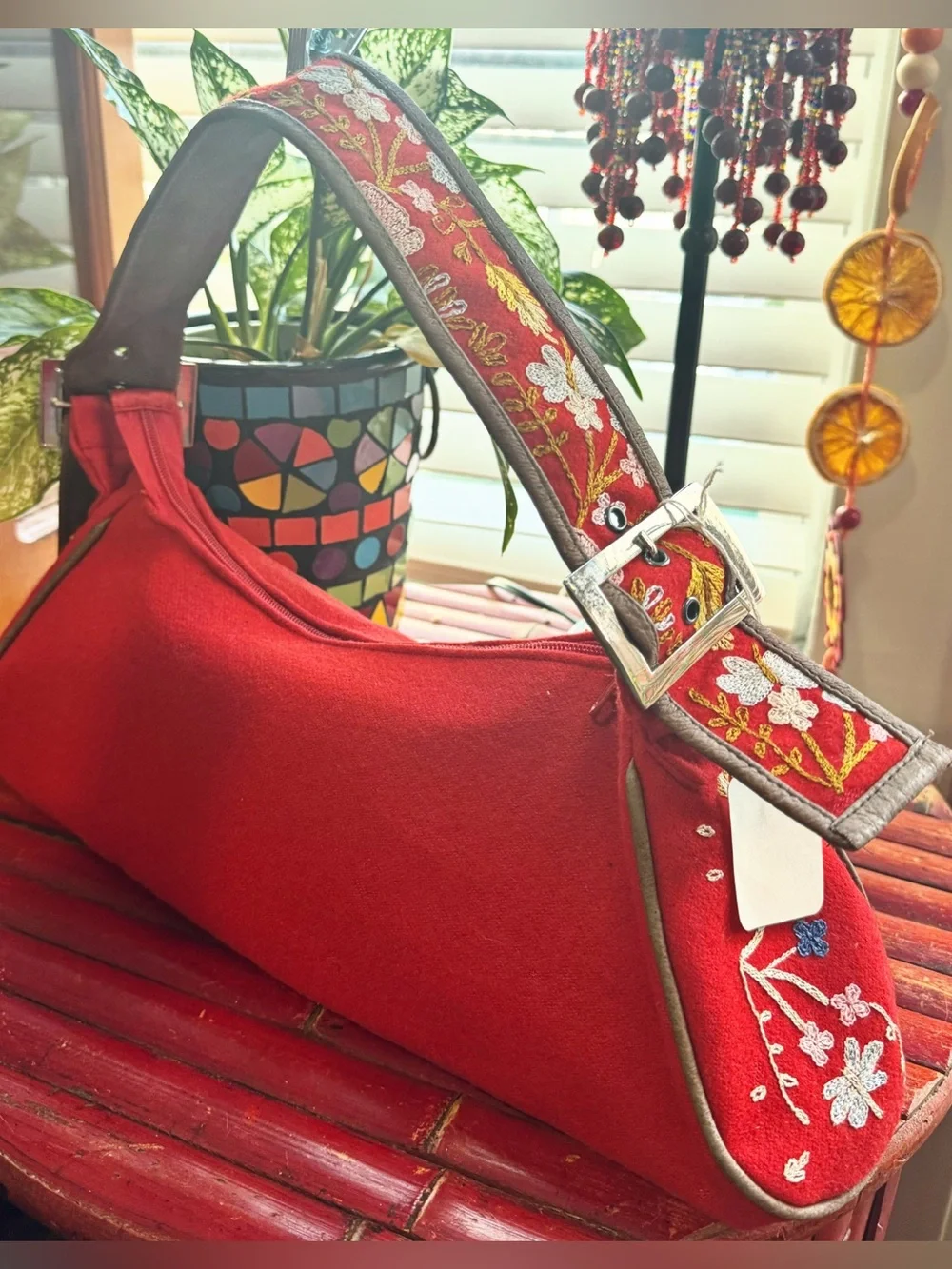 Vibrant Orange Embroidered Shoulder Bag - Picture 2 of 3